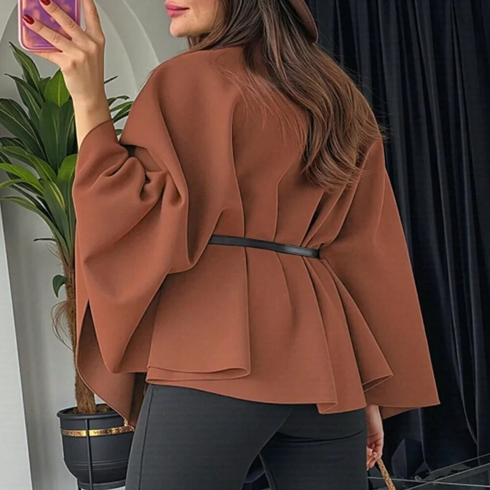 Brown Elegant Womens Stand Collar Loose Poncho Cloak Jacket